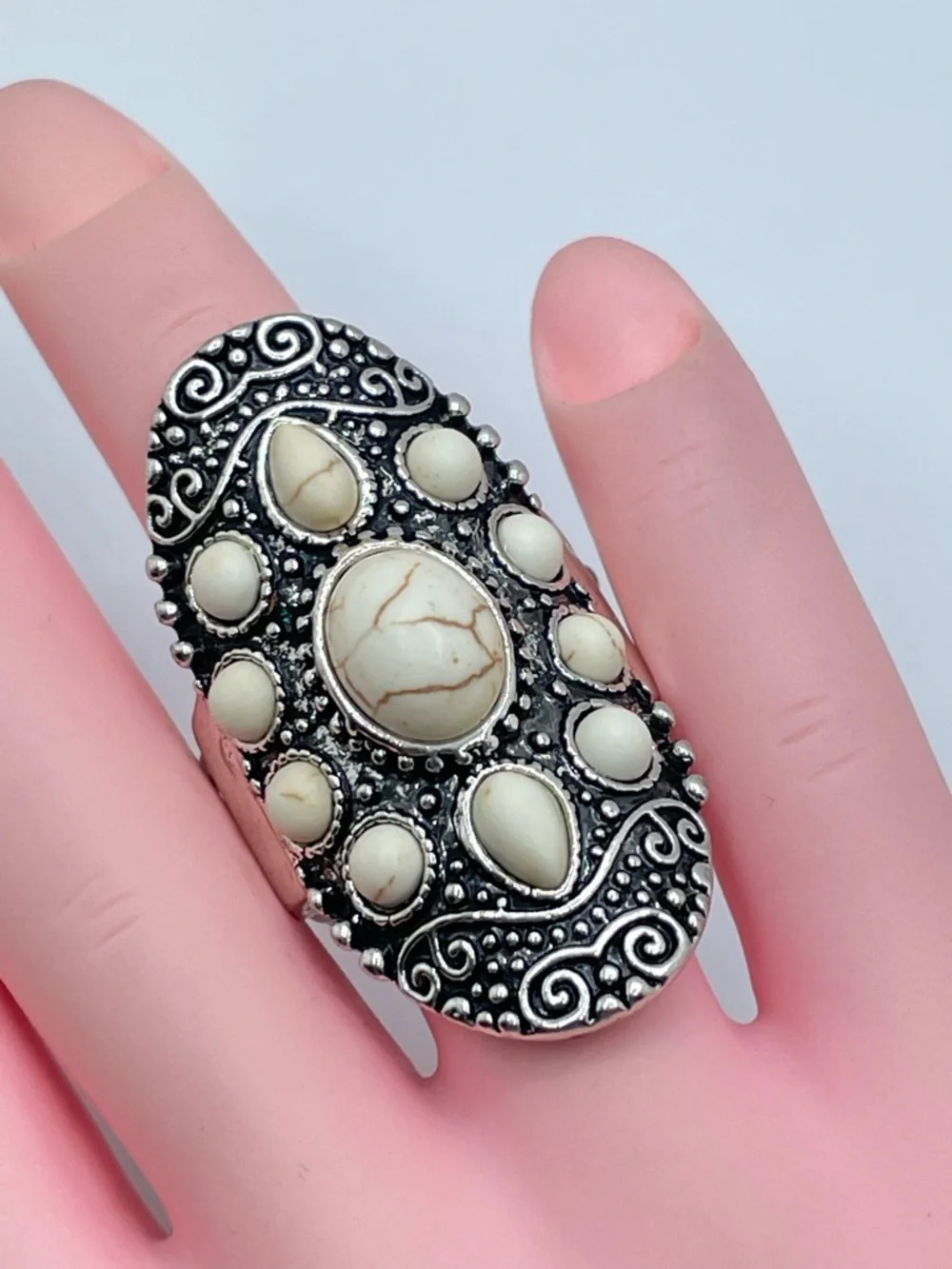 Silver Tone Magnesite Stretch Ring Statement Boho Vintage Style